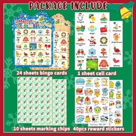 MonEnfance Christmas Bingo Cards, 24 Players Cute Christmas Bingo Game for Kids Adults Merry Christmas Party Supplies Family Games Activities Xmas Festival Holiday Bingo Sets
