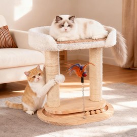 Heyfriday 5-in-1 Small Wooden Cat Tree Tower,16.5''H Natural Sisal Cat Scratching Post Climbing Tower with Bed,Interactive Cat Feather Toy,Ball Track Toy for Kittens and Indoor Cats,White