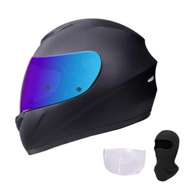 KRN Full Face Motorcycle Motorbike Helmet with Color Visor DOT Approved- Helmet & Balaclava & Clear Visor Matt Black (M)