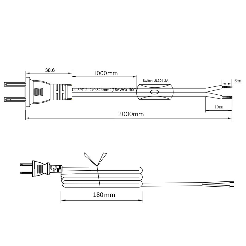 Lamp Cord has Button Switch UL304 2A/120V,Plug,Stripped Ends Ready for