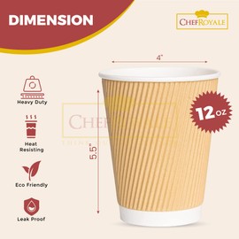 CHEF ROYALE 300x 12oz Disposable Kraft Paper Hot Coffee Cups with Lids - Paper Cups for Hot and Cold Drinks - Insulated Takeaway Coffee Cups for Eco-Friendly Hot Cups Birthday Party (300, 12oz)
