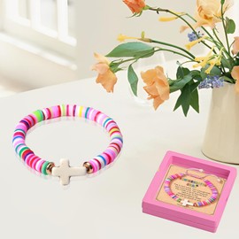 Votvlog Boho Bracelets Women's Rainbow Bracelets Clay Disc Beads Polymer Adjustable Boho Beads Bracelet Summer Beach Bracelet for Women Girls Christening Gift Cross Bracelet with Display Box, Stone,