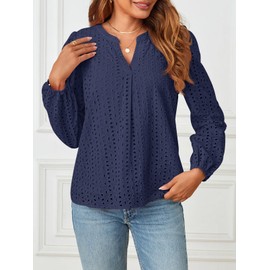 MEROKEETY Women's Hollow Out Lace Blouse Eyelet Embroidery Puff Long Sleeve V Neck Fall Boho Shirts Navy M