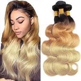 HeioWuio 1B/27/613 Hair Bundle 3 Bundles Body Wave Ombre Three Tone Brazilian Remy Human Hair Bundle Honey Blonde and Brown Bundle Three Tone Hair Weave Body Wave Bundles 14 16 18 Inch