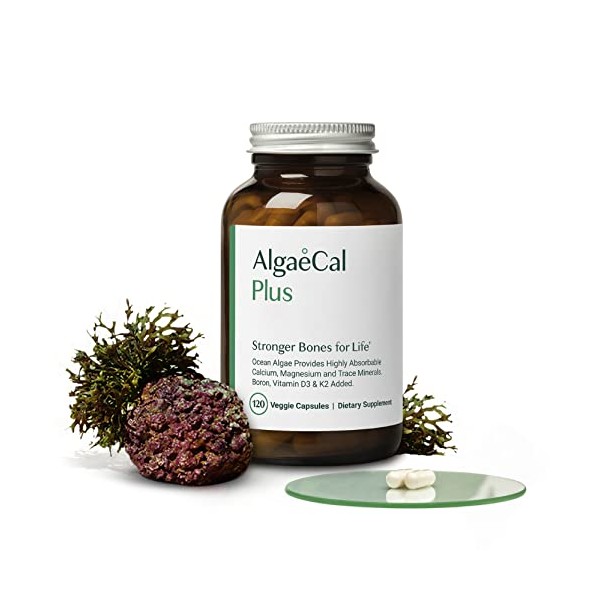 AlgaeCal Plus - Calcium Supplement, Natural Red Algae Plant-Based with Vitamin D3 + K2, Magnesium, Boron and Trace Minerals, Increase Bone Strength, Highly Absorbable, Easy to Swallow 120 Veggie Caps