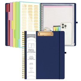 Ospelelf Bule Foldable Spiral Clipboard Folio with Storage Zipper Pouch, 5 Plastic Folders with 10 Pockets, Refillable Lined Notepad (11" x 8.5"), Linen Hardcover Project Organizer