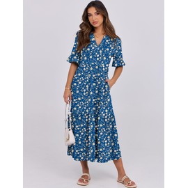 ANRABESS Women's Casual Summer Ruffle Short Sleeve T Shirts Maxi Dress 2025 Spring V Neck Flowy Tiered Boho Beach Dresses Blue Yellow Floral Medium
