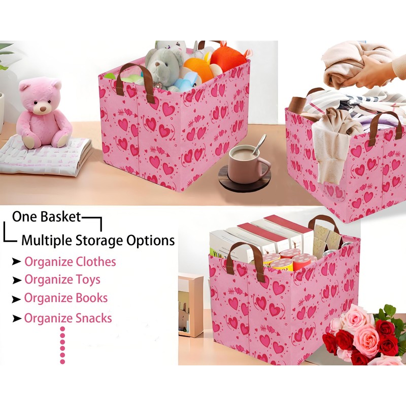 BOOHIT Pink Valentines Day Basket Large Foldable Heart Shaped Storage