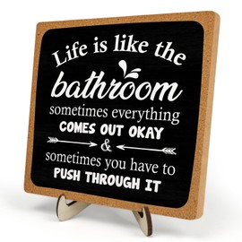 Bathroom Decor, Vintage Bathroom Wood Plaque Sign, Life is Like The Bathroom Sign Desk Decor, Farmhouse Decor for Shelf Bathroom Toilet Home Decor 5.9x5.9 Inch (Black-1)