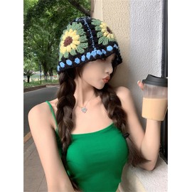Crochet Bucket Hat Women Trendy Knit Floral Floppy Cap Cute Boho Flower Handmade Beanies Outdoor Boho Travel Fishing Hat