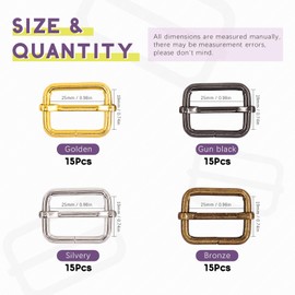 Swpeet 60Pcs Heavy Duty 1 Inch / 25mm Metal Rectangle Adjuster Triglides Slides Buckle, Webbing Belts Buckle Metal Rings for for Belt Bags DIY Accessories Keychains - Sliver, Bronze, Gold, Gun-Black