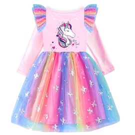 VIKITA Girls Princess Tulle Dresses Long Sleeve Casual Birthday Party Printed Sequins Animal Kids Dress Up Lh4871 3-4Y