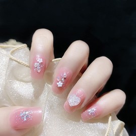24 Pcs Flash Nude Pink Girly Nail Lovely Small Flower Decoration for Photo Taking Pictures Wedding Coming of Coming Of Age Ceremony Party After-party False Nail Tips