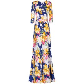 Bon Rosy Women's 3/4 Sleeve V-Neck Printed Maxi Faux Wrap Dress Navy S