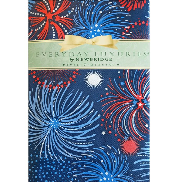 Newbridge Fireworks Celebration Vinyl Flannel Backed Tablecloth - Americana Patriotic Red, White and Blue Fireworks Indoor/Outdoor Party Tablecloth - 52" x 52" Square