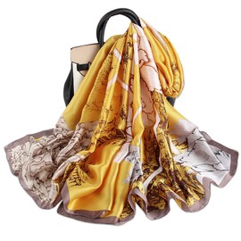 LumiSyne Silk Scarf Women's Warm Soft Silk Scarf Autumn Winter Retro Printed Scarf Coloured Stripes Floral Pattern Long Neckerchiefs Sun Protection Stole All Year Round, Peony/Yellow