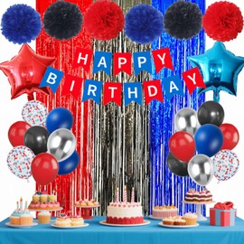 JCitimix Red and Blue Birthday Decorations, Red White and Blue Happy Birthday Banner with Fringe Curtain Paper Pompoms Black Red Balloons for Boys