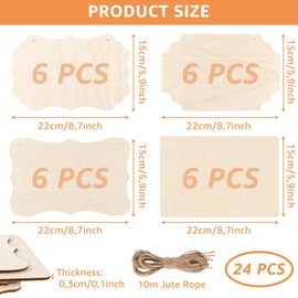 YAYODS Pack of 24 Unfinished Wooden Signs - 22 x 15 cm Hanging Wooden Signs for Writing on with Jute Rope - Blank Wooden Signs for Hanging - Wooden Sign for DIY, Painting, Writing and Decorating