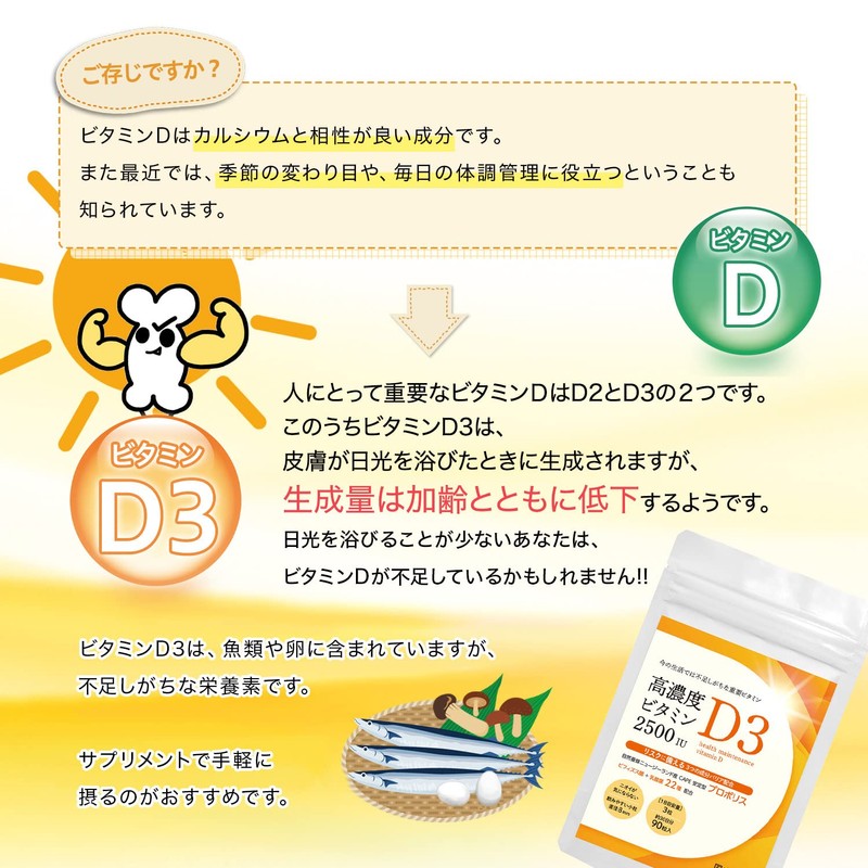 ビタミンD サプリ 【３袋約90日分】高濃度 2500IU 羊毛由来 ビタミンD3 プロポリス 乳酸菌 Vitamin D3