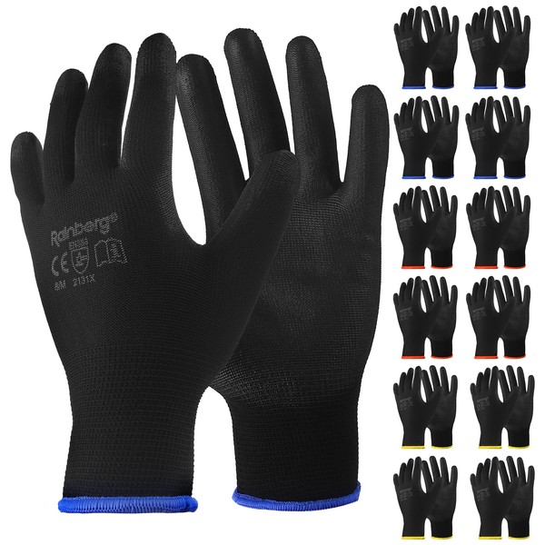 Rainberg Pack of 12 or 24 Safety Gloves, Work Gloves, with Secure Grip on Palm & Fingers, PU and Nylon Non-Slip Gloves, Ideal for General Duty Work, Gardening. (Pack of 12 Pair's, Large)