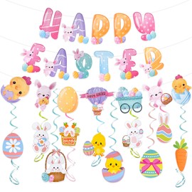 Easter Decorations, 28PCs Easter Banner Decorations, Happy Easter Banner, Easter Bunting, Easter Hanging Swirl Decorations with Bunny Eggs for Party Home Decoration(10 Swirl Hanging+Easter Banner)