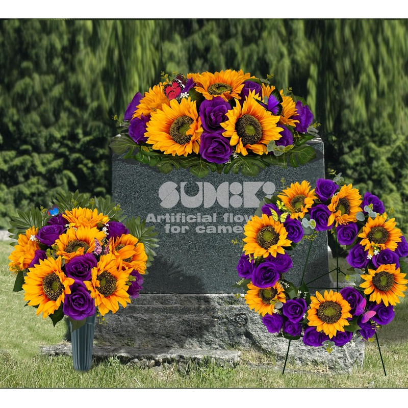 SUHOOKOO Cemetery Wreaths for Grave Decoration,Golden Sunflower and Purple Rose,