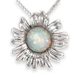 Solid Sterling Silver & OPAL SUNFLOWER DAISY Pendant (Optional Necklace)