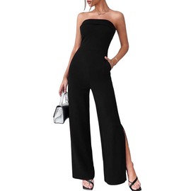 LuFeng Women's 2024 Summer Sleeveless Off Shoulder One Piece Jumpsuit Backless Wide Leg Slit Long Rompers with Pockets