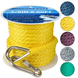 Anchor Rope 50FT x 3/8in,Premium Solid MFP Braided Anchor Line with Stainless Steel Thimble & Snap Hook,Marine Ropes for Anchors and Boats,Light Yellow