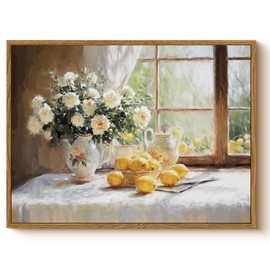 WHASAYART Vintage Lemon, Flower, Vase Near Window Still Life Canvas Print 12x16 Framed Wall Art, Country Cottagecore Oil Painting Style for Kitchen Dining Room Living Room Farmhouse Decor