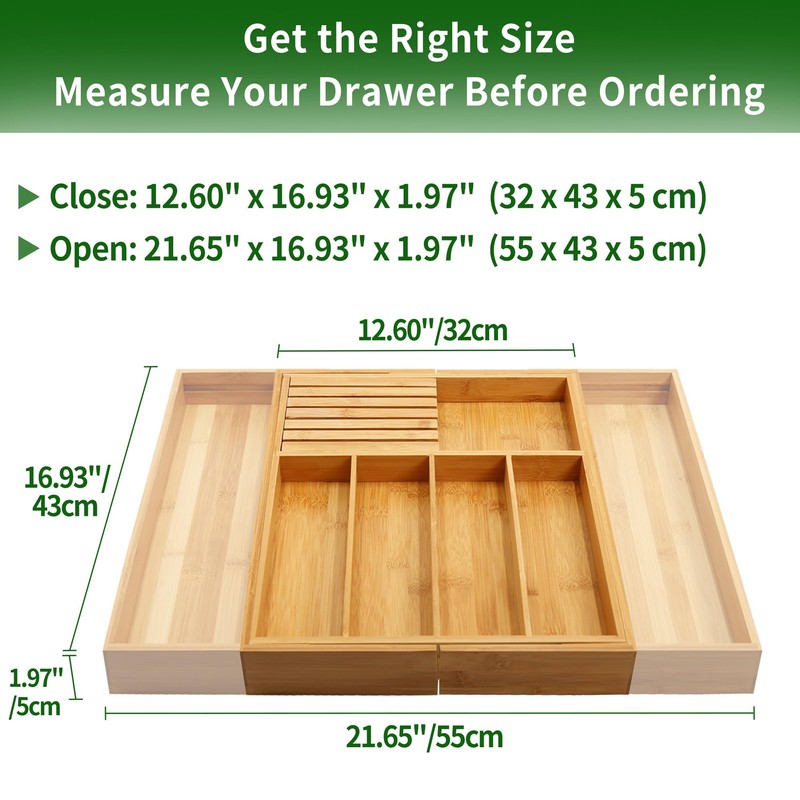 VaeFae Bamboo Silverware Drawer Organizer Kitchen, Expandable Utensil Organizer with