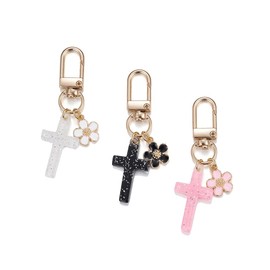 SWJEWEL 3pcs Plastic Glitter Cross Keychain Set for Women Flower Keychain White Pink Black Pack Car Keys Ring Accessories Clip Handbag Purse Backpack Pendant Charms LILYCROSS-BWP