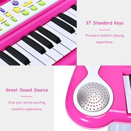 Costzon 37-Key Kids Piano Keyboard Toy, Toddler Electronic Musical Instrument Educational Toy w/Microphone, Multiple Sounds, Record Playback, Lights & Stool, Birthday Gift for Girls Boys Age 3+, Pink