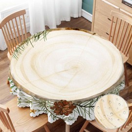 Yibeas Tablecloth Round Watercolor Fall Wood Slice Table Cloth Pine Branches and Pinecones Yellow Flowers and Leaves Table Cover for Dining Room Kitchen Decoration Round Tablecloths 60 inch