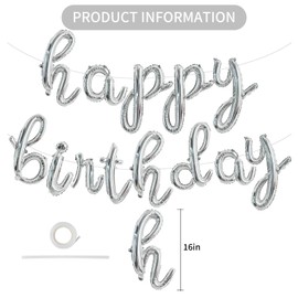 TONIFUL Silver Happy Birthday Balloons Banner,Cursive Happy Birthday Balloons Silver Birthday Decorations Silver Mylar Foil Birthday Balloons for Kids and Adults