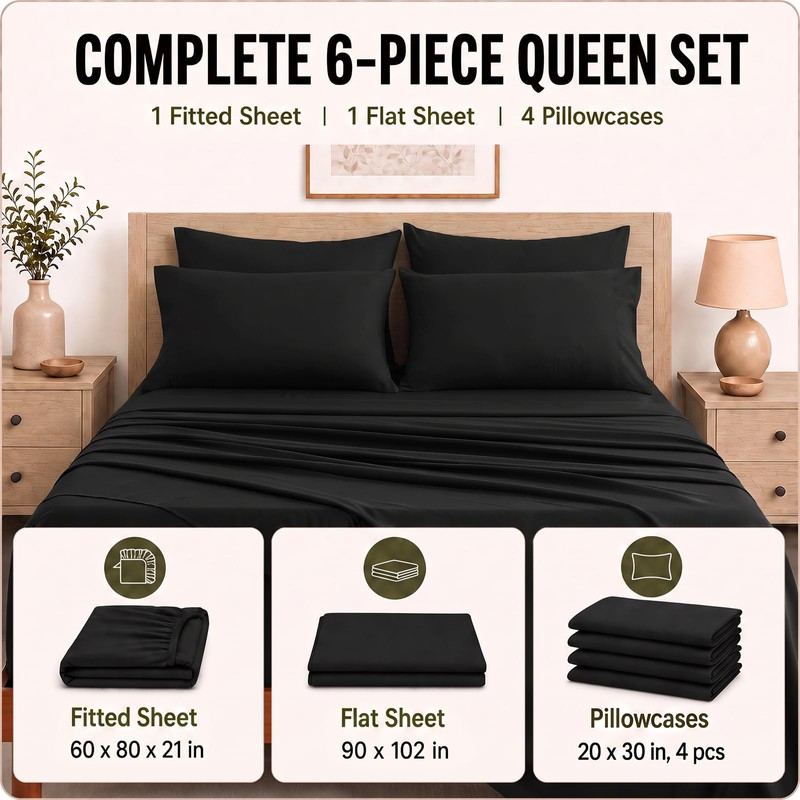 CozyLux Queen Sheet Set 6-Piece, 21-Inch Deep Pocket, Soft Brushed