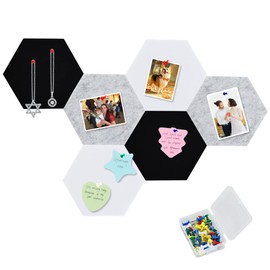 Vuzvuv 6 Pcs Black White Gray Hexagon Cork Board Bar Strips with 50 Pushpins & Sticky Notes, Self-Adhesive Bulletin Board Strips No Damage for Wall, Felt Pin Board for Paste Notes, Photos, Offices
