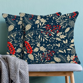 BETGINY Christmas Pillow Covers 18x18 Inch 2 Pcs, Navy Blue Red Floral Decorative Throw Pillows for Couch, Xmas Winter Flower Outdoor Decor Pillowcase Linen Cushion Cover for Bed Sofa
