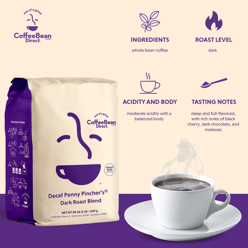 Coffee Bean Direct Decaf Penny Pincher's® Dark Roast Blend, Whole