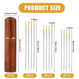 12pcs Self Easy Threading Needles, 3 Sizes Side Hanging Needles Embroidery Needles Sewing Knitting Needles Kit with Sandalwood Needle Box Hand Sewing Needles for DIY Embroidery Sewing Projects (Gold)