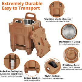 Takywep Insulated Food Pan Carrier -Top Load, Includes Spoon, Wheel and Lock, 20L Capacity, Stainless Steel Liner, Portable for Catering, Family Gathering, Canteen, Restaurant, Brown