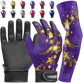 Exxact Sports Youth Batting Gloves with Arm Sleeve for Boys & Girls, Kids Baseball Batting Gloves for Softball, T-Ball (Youth L/XL, Purple Gold Stars)