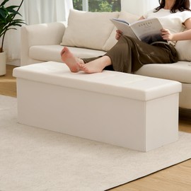 LUSIMO Storage Ottoman Bench 43 Inches Foldable Ottoman Foot Rest Storage Chest Velvet Storage Bench for Bedroom 660 lb Load Capacity Beige