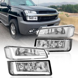 AJP Distributors Chrome Housing LED DRL Headlights Assembly + Bumper Clear Signal Lamps Pair Compatible/Replacement For Avalanche 1500 2500 Body Cladding Models 2002 2003 2004 2005 2006 02 03 04 05 06