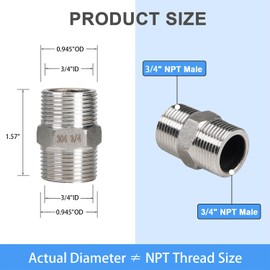 2Pcs 3/4" Male Hex Nipple Pipe Fitting, 304 Stainless Steel NPT Threaded Adapter Fittings, 3/4-inch Male Equal Nipples Connectors, Male Straight Threaded Pipe Fitting