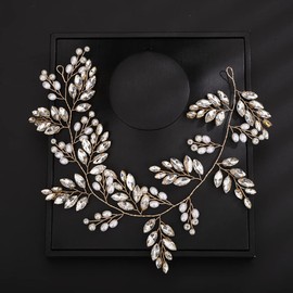 Denifery Wedding Crystal Pearl Hair Vine Bridal Rhinestone Headband Handmade Wedding Headpiece Crystal Hair Pieces Hair Accessories for Bride Women Girls (Gold)