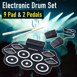 9 Pads Electronic Drum Set, Japard Roll-up Drum Kit Machine with Built-in Speaker Drum Pedals and Sticks, Great Christmas Holiday Gifts for Kids