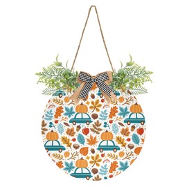 Oyihfvs Pumpkins on Car Acorns Autumn Floral Falling Leaves Door Hanging Sign, 12" Merry Christmas Front Plaque Board Round Wreath for Daily Holiday Welcome Home Garden Yard Wall Pediments