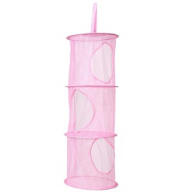 GSHLLO Mesh Hanging Storage Bags 3 Compartments Hanging Closet Shelves Foldable Stuffed Animal Net Toy Storage Hammock for Kids Room Bathroom Pink