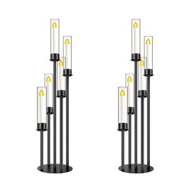 Black Candelabra with Glass Cylinders for Real Candles 5 Head Metal Candle Holder Wedding Centerpiece Ceremony Reception Event Party Home Decoration (2, M)